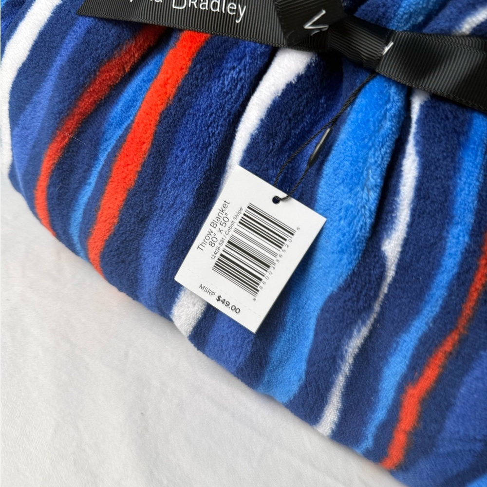 NWT Vera Bradley Cobalt Stripe Plush Throw Blanket 80” x 50” Retired Pattern - Picture 2 of 3